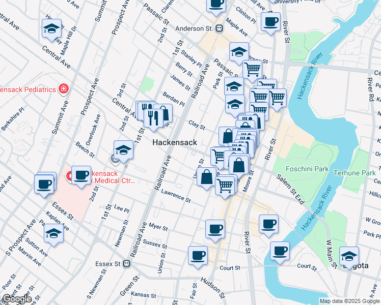 map of restaurants, bars, coffee shops, grocery stores, and more near 260 Park Street in Hackensack