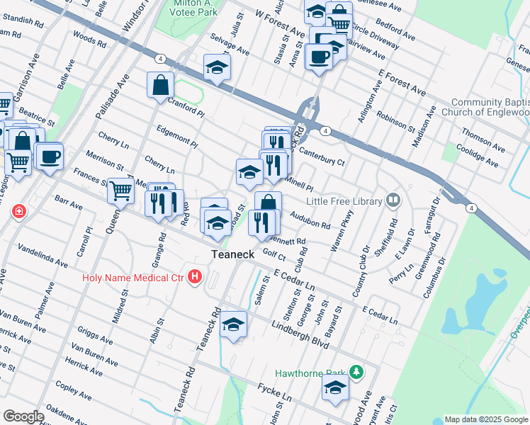 map of restaurants, bars, coffee shops, grocery stores, and more near 932 Commonwealth Drive in Teaneck