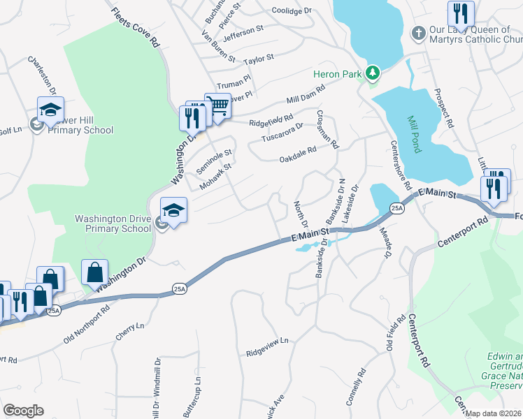 map of restaurants, bars, coffee shops, grocery stores, and more near 7 Gerrymander Drive in Centerport