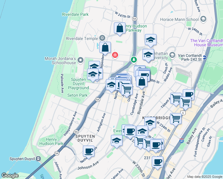 map of restaurants, bars, coffee shops, grocery stores, and more near 3616 Henry Hudson Parkway in The Bronx