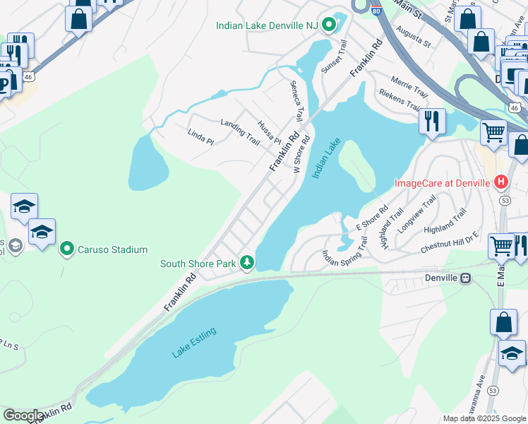 map of restaurants, bars, coffee shops, grocery stores, and more near 23 Huron Place in Denville