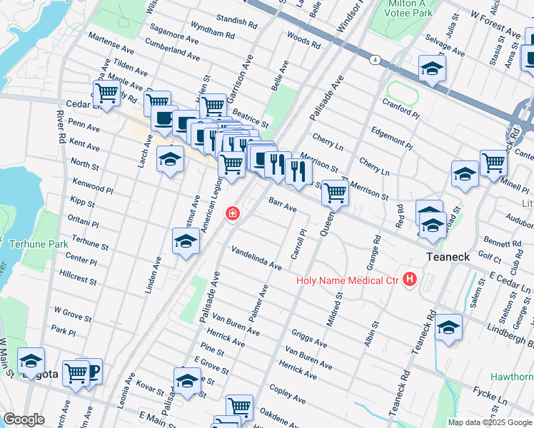 map of restaurants, bars, coffee shops, grocery stores, and more near 340 Barr Avenue in Teaneck