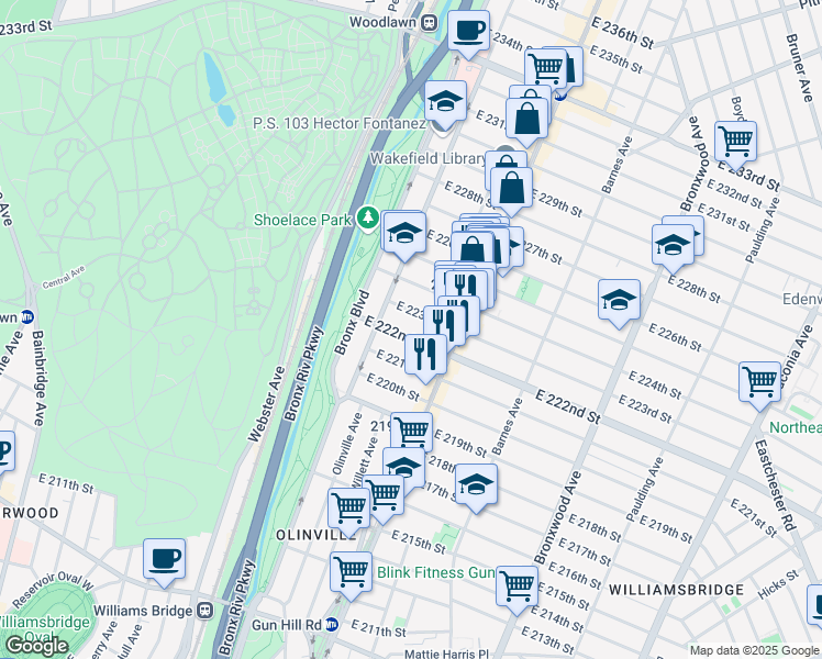 map of restaurants, bars, coffee shops, grocery stores, and more near 651 East 222nd Street in Bronx
