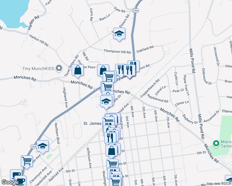 map of restaurants, bars, coffee shops, grocery stores, and more near 542 New York 25A in Saint James