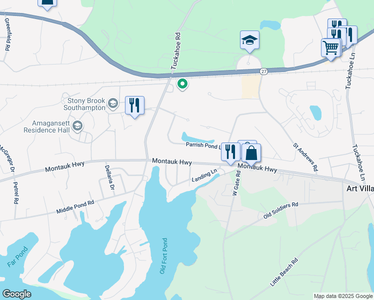 map of restaurants, bars, coffee shops, grocery stores, and more near 24 Parrish Pond Lane in Southampton