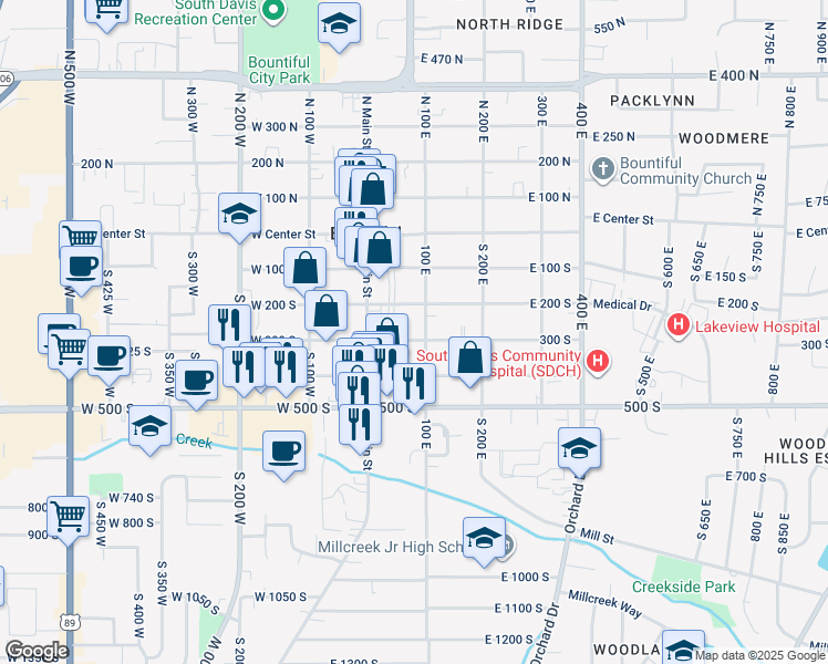 map of restaurants, bars, coffee shops, grocery stores, and more near 55 300 South in Bountiful