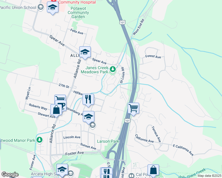 map of restaurants, bars, coffee shops, grocery stores, and more near 2750A Meadow Creek Way in Arcata