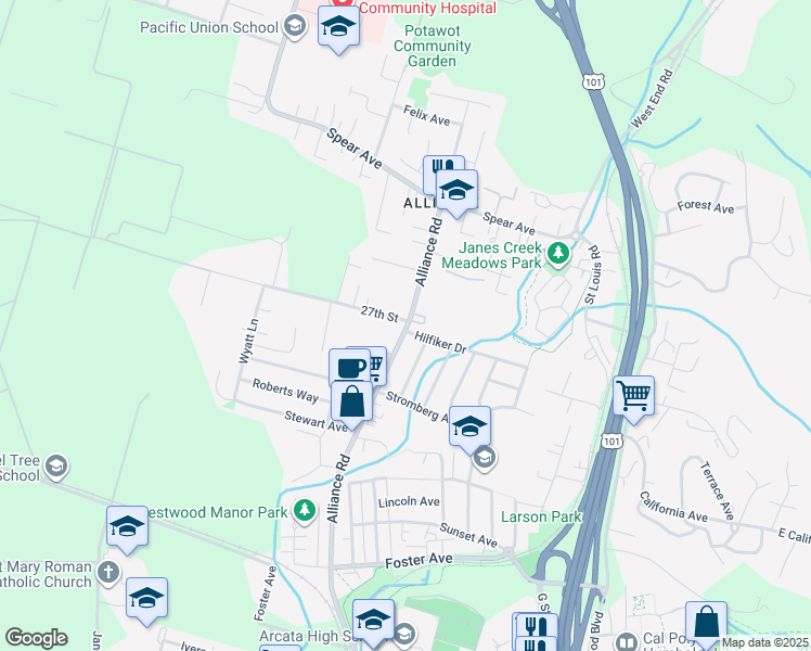 map of restaurants, bars, coffee shops, grocery stores, and more near 2601-2699 Alliance Road in Arcata