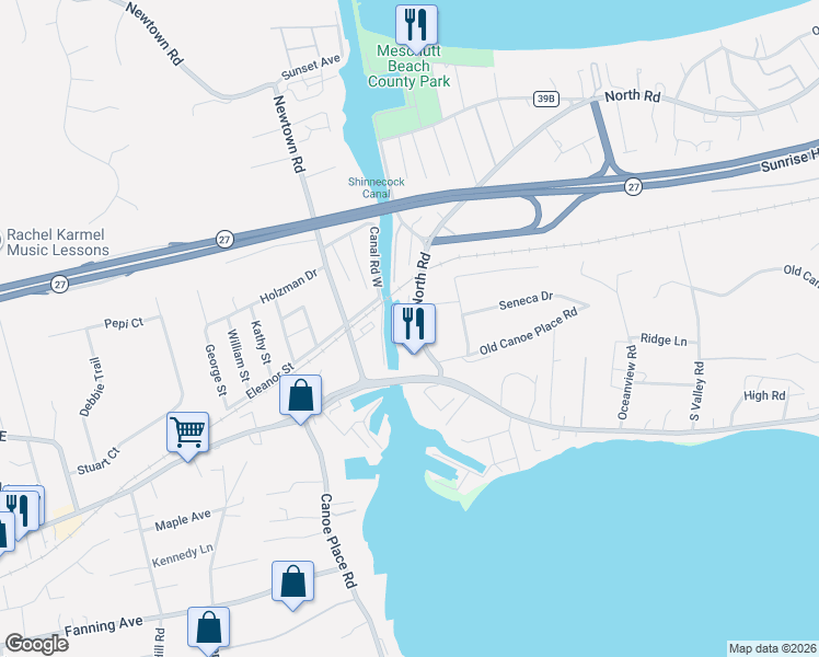 map of restaurants, bars, coffee shops, grocery stores, and more near 7 North Road in Hampton Bays