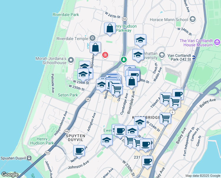 map of restaurants, bars, coffee shops, grocery stores, and more near 3616 Henry Hudson Parkway in The Bronx