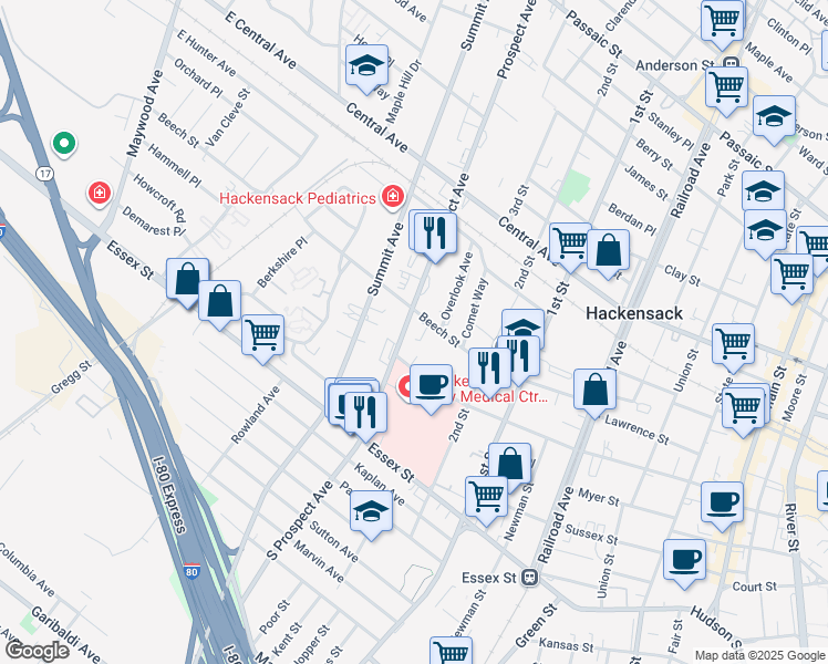 map of restaurants, bars, coffee shops, grocery stores, and more near in Hackensack