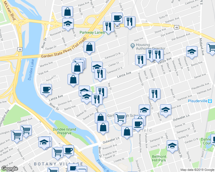 map of restaurants, bars, coffee shops, grocery stores, and more near 193 Ray Street in Garfield