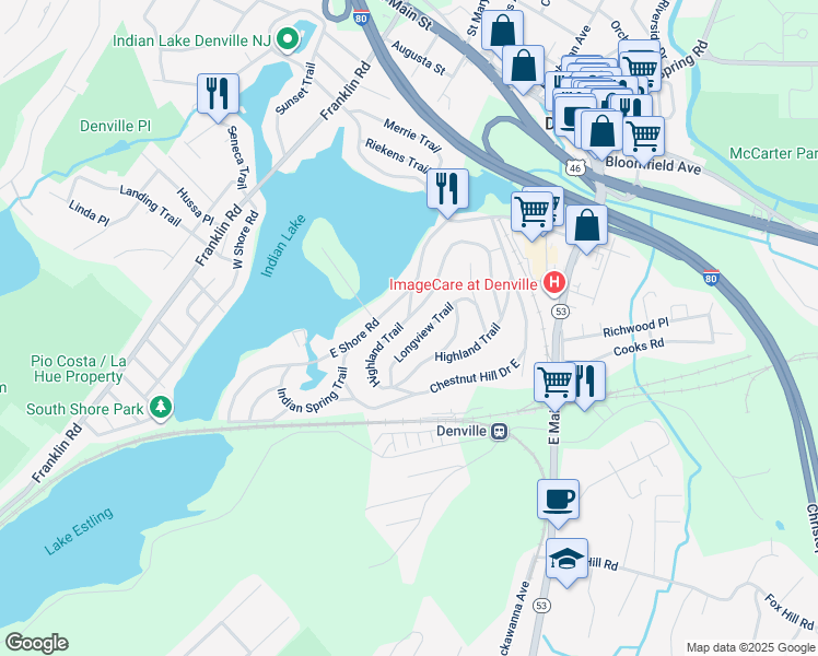 map of restaurants, bars, coffee shops, grocery stores, and more near 40 East Shore Road in Denville
