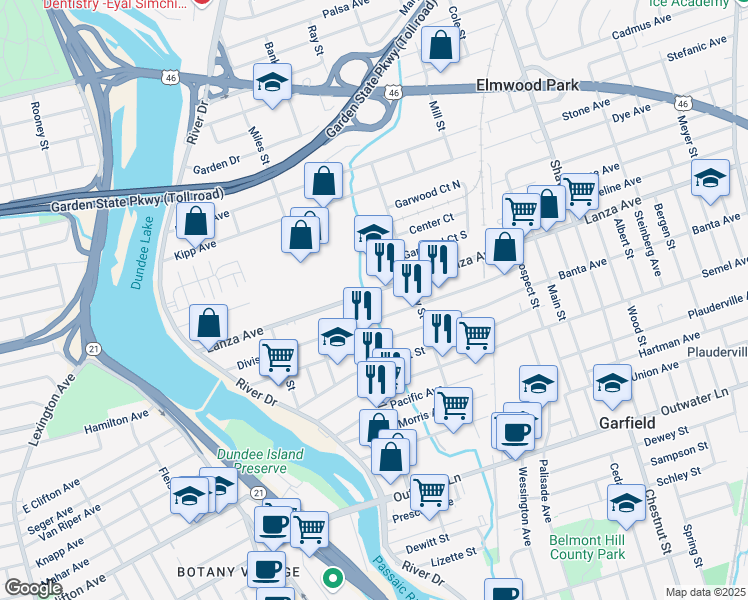 map of restaurants, bars, coffee shops, grocery stores, and more near 160 Lanza Avenue in Garfield