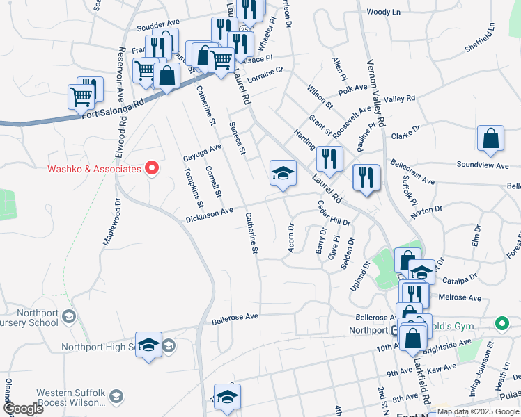 map of restaurants, bars, coffee shops, grocery stores, and more near 139 Dickinson Avenue in East Northport