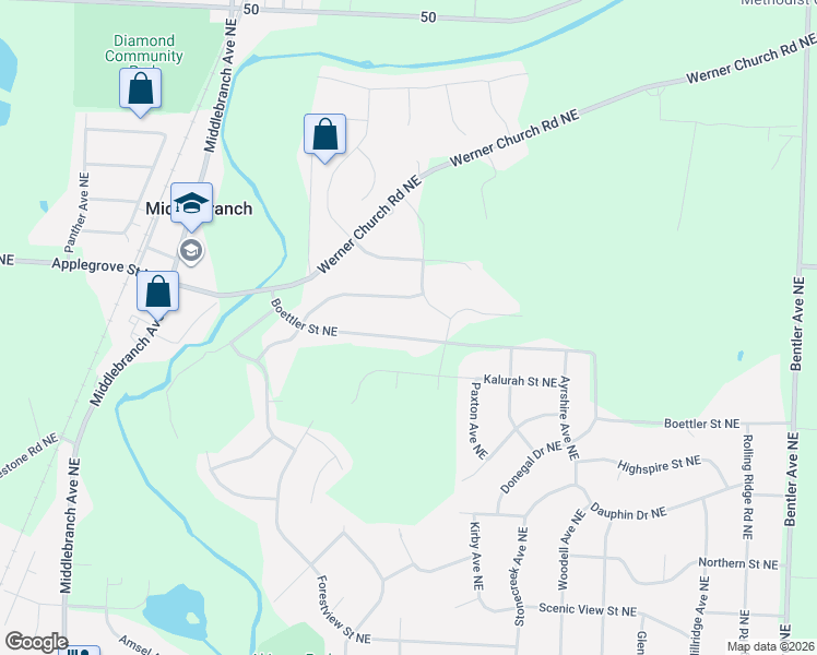 map of restaurants, bars, coffee shops, grocery stores, and more near 3170 Cloverhurst Street Northeast in Canton