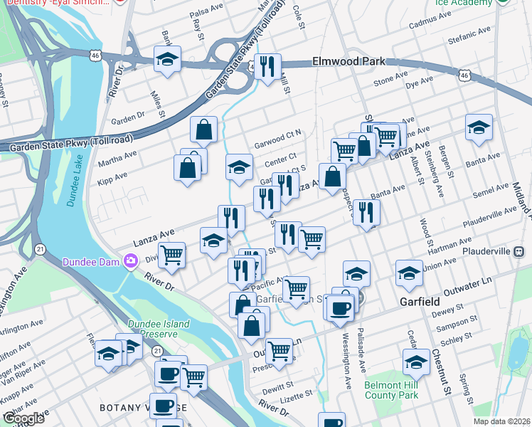 map of restaurants, bars, coffee shops, grocery stores, and more near 193 Ray Street in Garfield