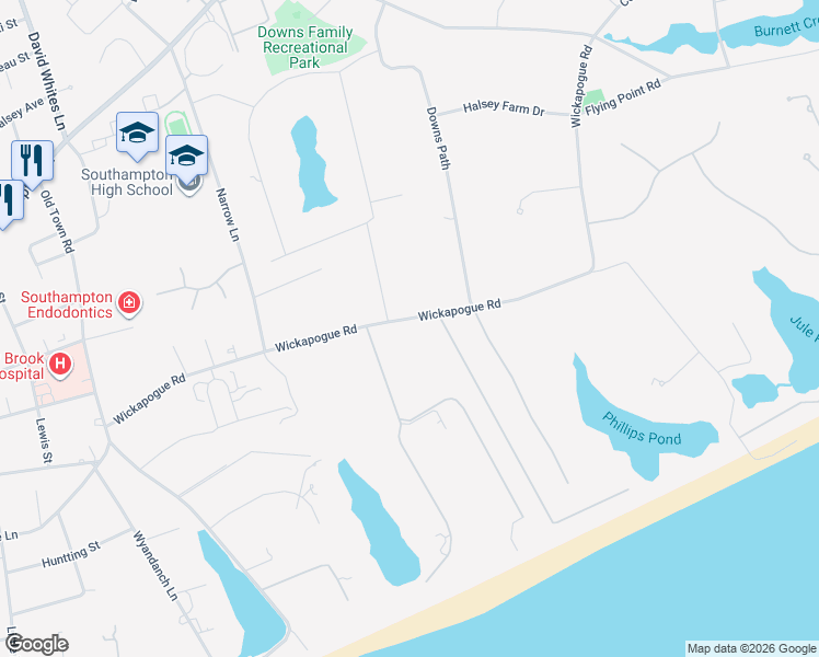 map of restaurants, bars, coffee shops, grocery stores, and more near 375 Wickapogue Road in Southampton