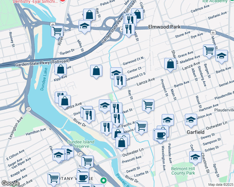map of restaurants, bars, coffee shops, grocery stores, and more near 160 Lanza Avenue in Garfield