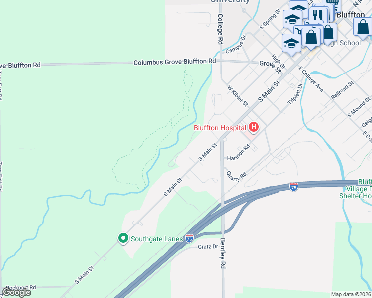 map of restaurants, bars, coffee shops, grocery stores, and more near 662 South Main Street in Bluffton