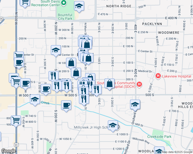 map of restaurants, bars, coffee shops, grocery stores, and more near 55 300 South in Bountiful
