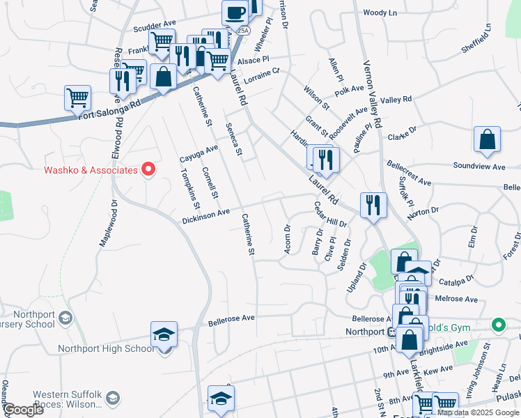 map of restaurants, bars, coffee shops, grocery stores, and more near 139 Dickinson Avenue in East Northport