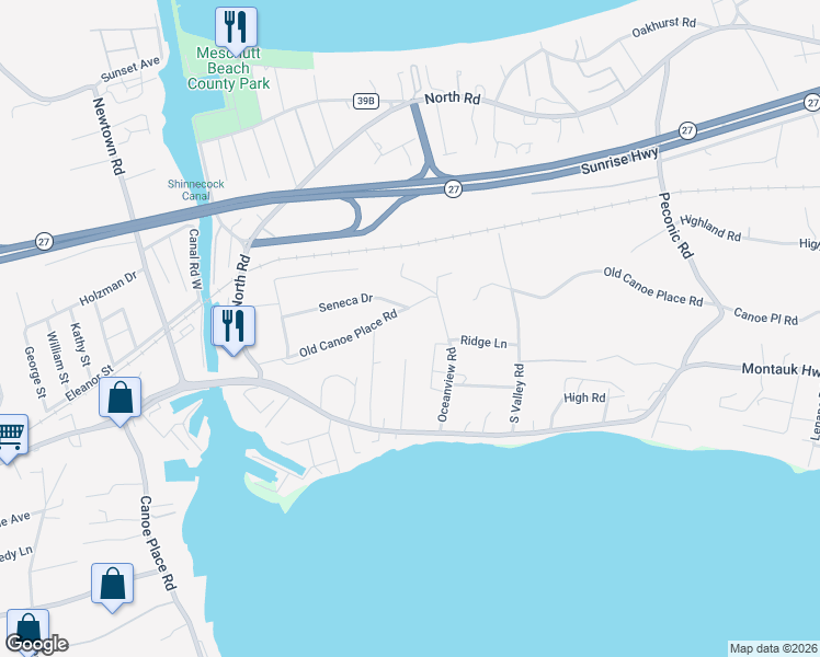 map of restaurants, bars, coffee shops, grocery stores, and more near 32 Old Canoe Place Road in Hampton Bays