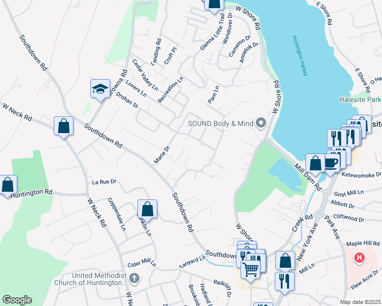 map of restaurants, bars, coffee shops, grocery stores, and more near 6 Sue Circle in Huntington