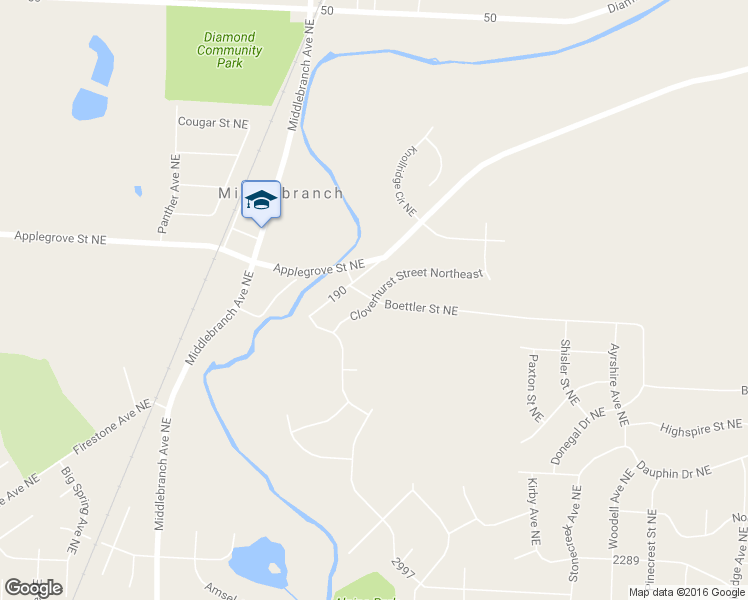 map of restaurants, bars, coffee shops, grocery stores, and more near 3096 Cloverhurst Street Northeast in Canton