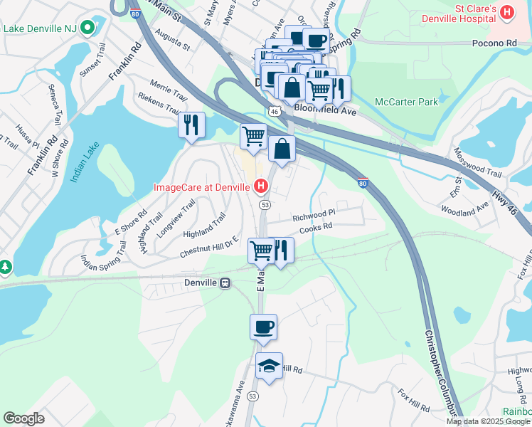 map of restaurants, bars, coffee shops, grocery stores, and more near 165 East Main Street in Denville