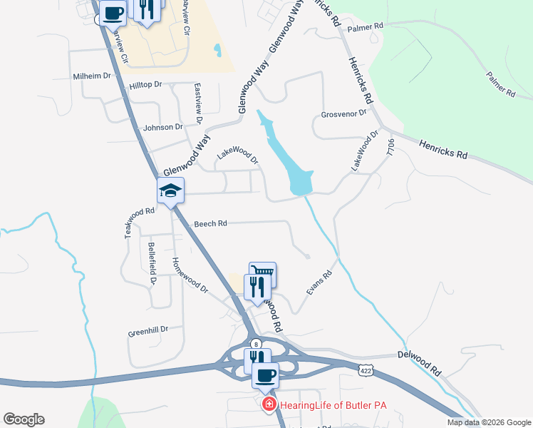 map of restaurants, bars, coffee shops, grocery stores, and more near 112 North Maple Drive in Butler