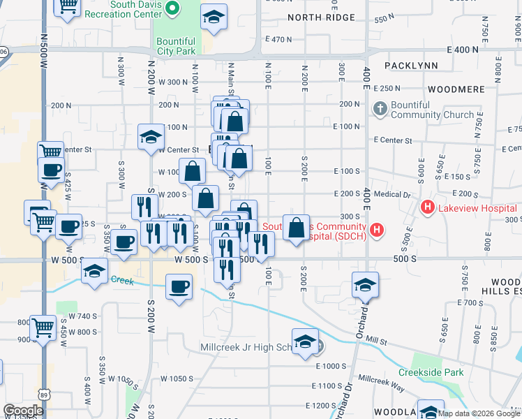 map of restaurants, bars, coffee shops, grocery stores, and more near 55 300 South in Bountiful