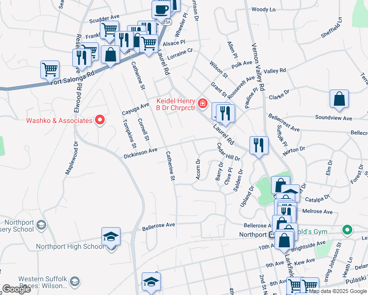 map of restaurants, bars, coffee shops, grocery stores, and more near 139 Dickinson Avenue in East Northport