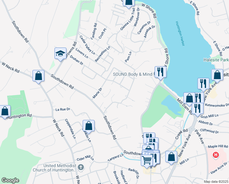 map of restaurants, bars, coffee shops, grocery stores, and more near 6 Sue Circle in Huntington