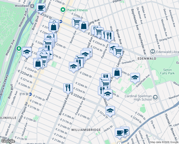 map of restaurants, bars, coffee shops, grocery stores, and more near 937 East 227th Street in Bronx