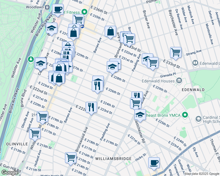 map of restaurants, bars, coffee shops, grocery stores, and more near 4008a Bronxwood Avenue in Bronx