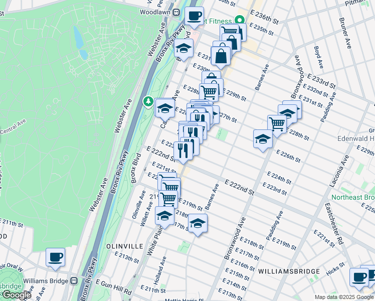 map of restaurants, bars, coffee shops, grocery stores, and more near in The Bronx