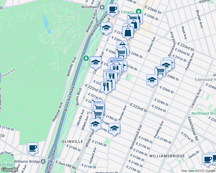 map of restaurants, bars, coffee shops, grocery stores, and more near in The Bronx