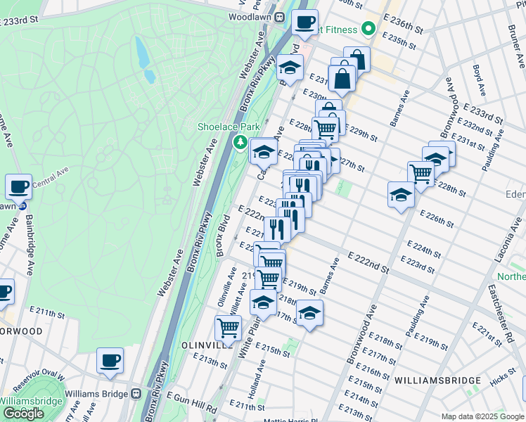 map of restaurants, bars, coffee shops, grocery stores, and more near 649 East 223rd Street in Bronx