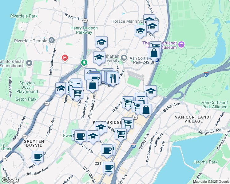 map of restaurants, bars, coffee shops, grocery stores, and more near 3800 Waldo Avenue in Bronx