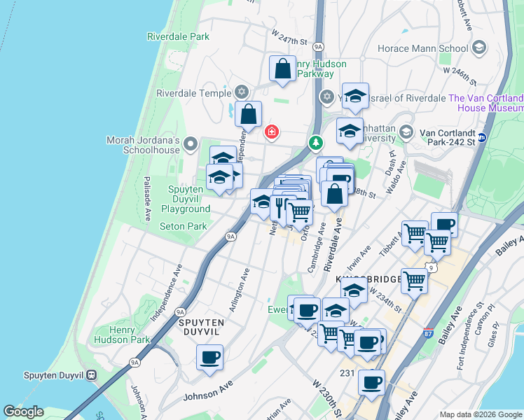 map of restaurants, bars, coffee shops, grocery stores, and more near 3616 Henry Hudson Parkway in The Bronx