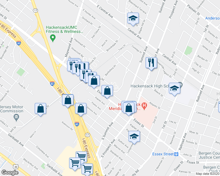map of restaurants, bars, coffee shops, grocery stores, and more near 40 Arcadia Road in Hackensack