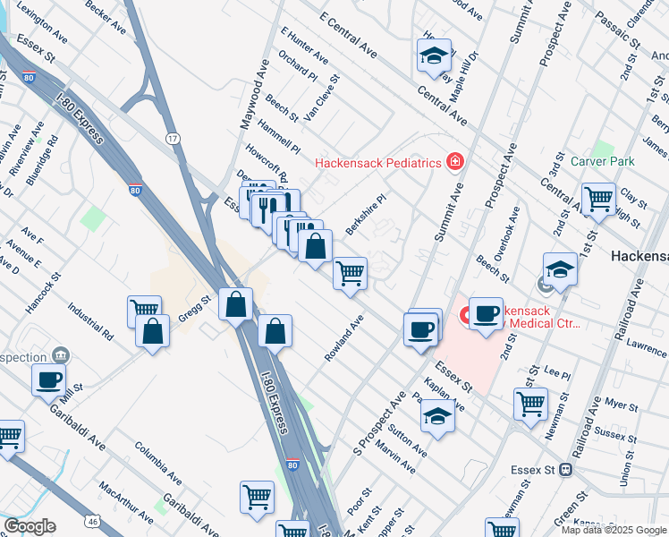 map of restaurants, bars, coffee shops, grocery stores, and more near 12 Berkshire Place in Hackensack