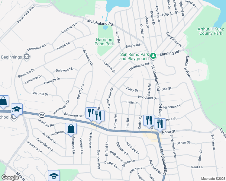 map of restaurants, bars, coffee shops, grocery stores, and more near 77 Hawthorne Road in Kings Park