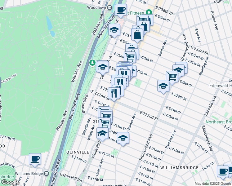 map of restaurants, bars, coffee shops, grocery stores, and more near in The Bronx