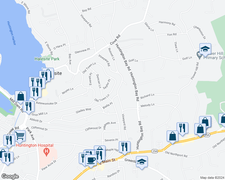 map of restaurants, bars, coffee shops, grocery stores, and more near 11 Old Town Lane in Halesite