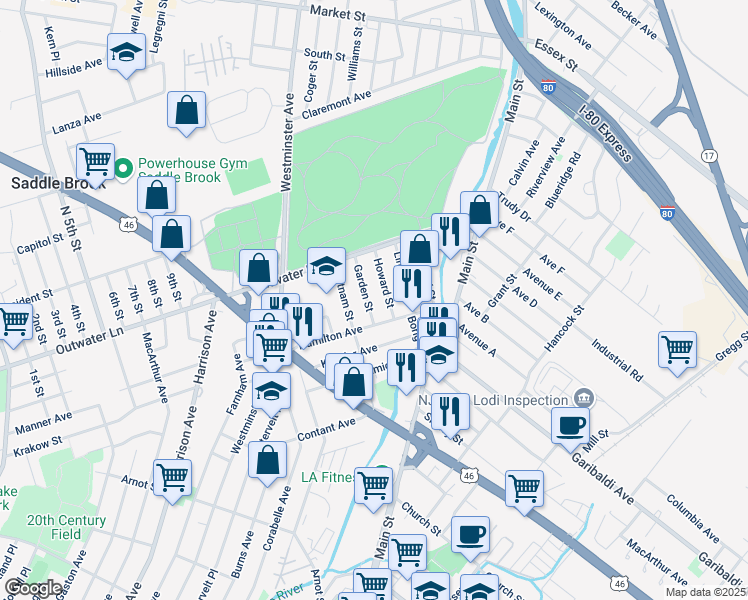 map of restaurants, bars, coffee shops, grocery stores, and more near 35 Howard Street in Lodi