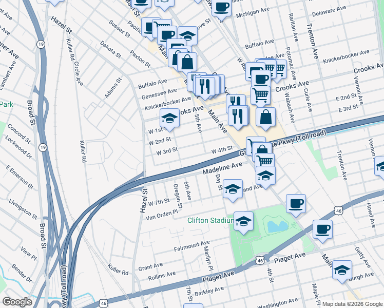map of restaurants, bars, coffee shops, grocery stores, and more near 157 West 3rd Street in Clifton