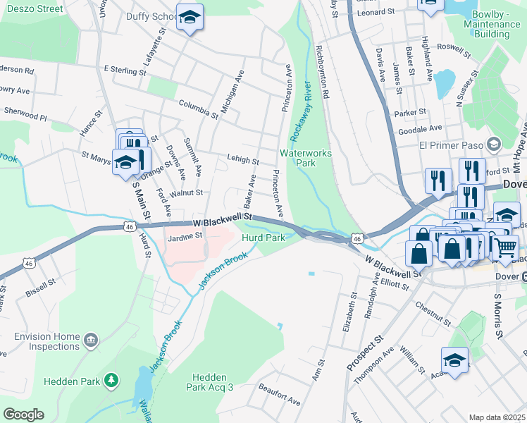 map of restaurants, bars, coffee shops, grocery stores, and more near 23 Princeton Avenue in Dover