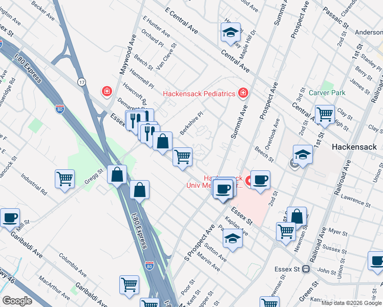map of restaurants, bars, coffee shops, grocery stores, and more near 40 Arcadia Road in Hackensack